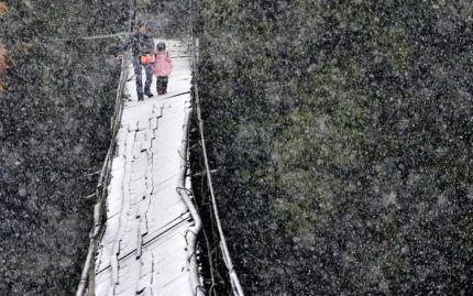 Crossing a Broken Bridge In The Snow To Get To School In Dujiangyan, Sichuan Province, China