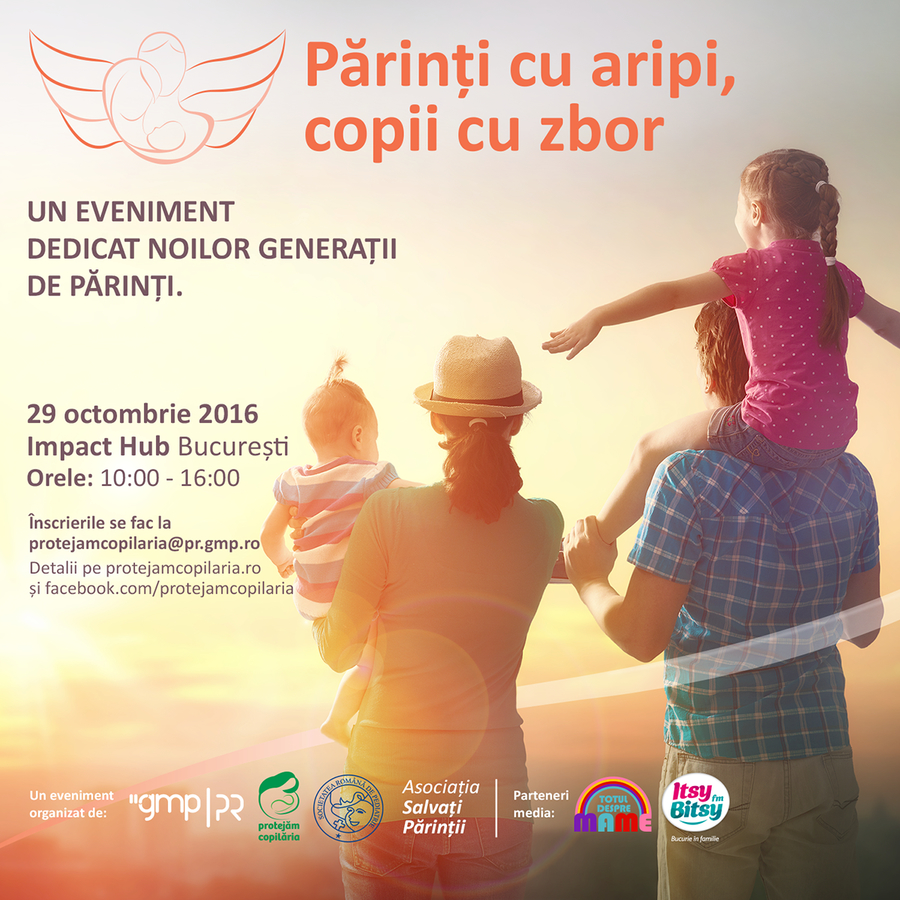 Evenimentul “Părinți cu Aripi, Copii cu Zbor” va avea loc sâmbătă, 29 octombrie, la Impact Hub București și va aborda parenting-ul dintr-o perspectivă nouă, diferită de cele de până acum