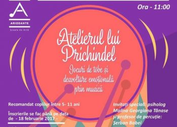 Școala de Artă Ariodante (Str. Popa Nan, nu. 110) vă invită la Atelierul lui Prichindel - Jocuri de tobe şi dezvoltare emoţională, duminică, 19 februarie, ora 11:00!
