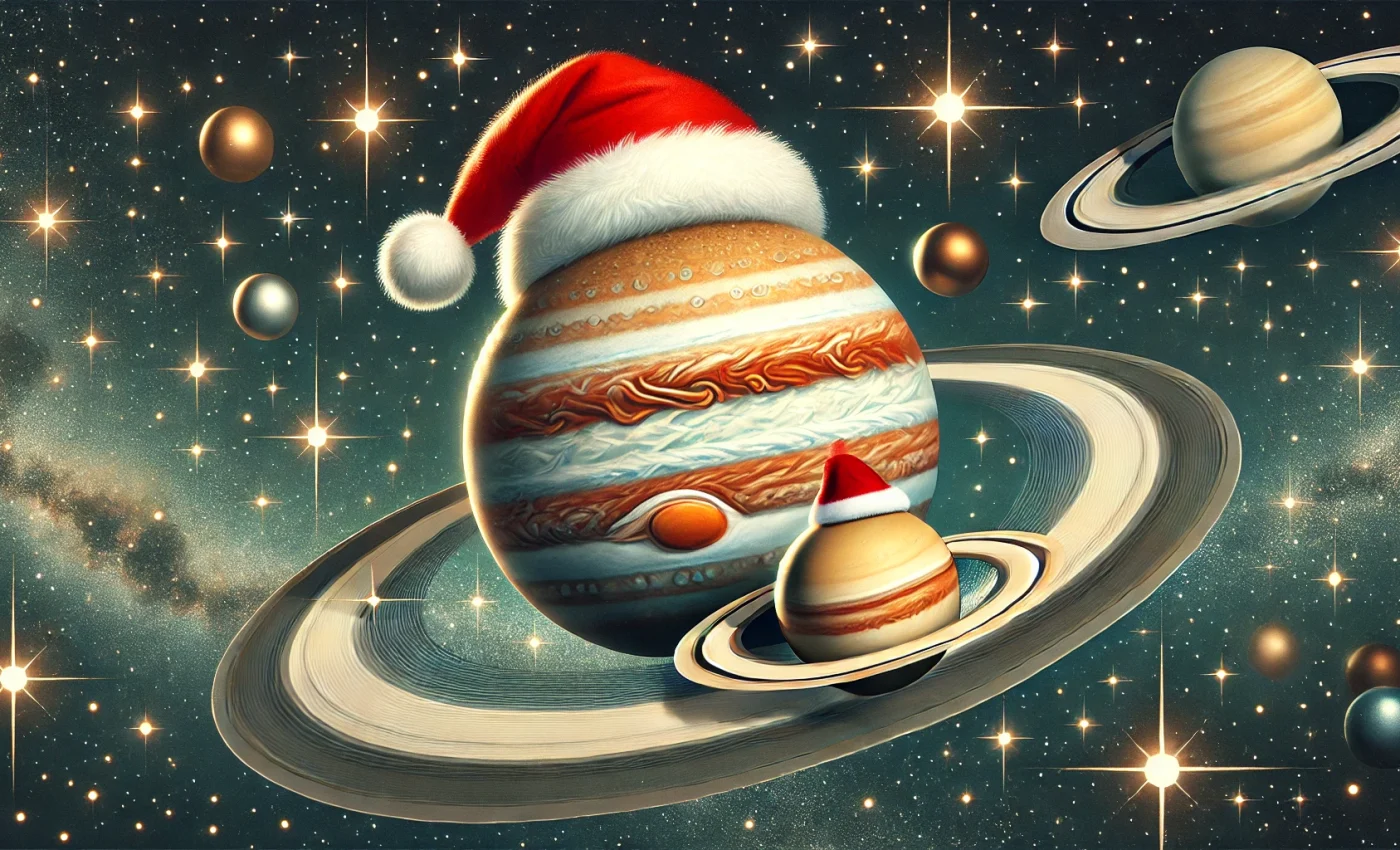 Marele Benefic Jupiter și Lordul Karmei Saturn se întâlnesc în 24 decembrie - sfatulparintilor.ro - DALL·E 2024-12-21 23.45.15