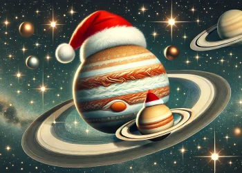 Marele Benefic Jupiter și Lordul Karmei Saturn se întâlnesc în 24 decembrie - sfatulparintilor.ro - DALL·E 2024-12-21 23.45.15