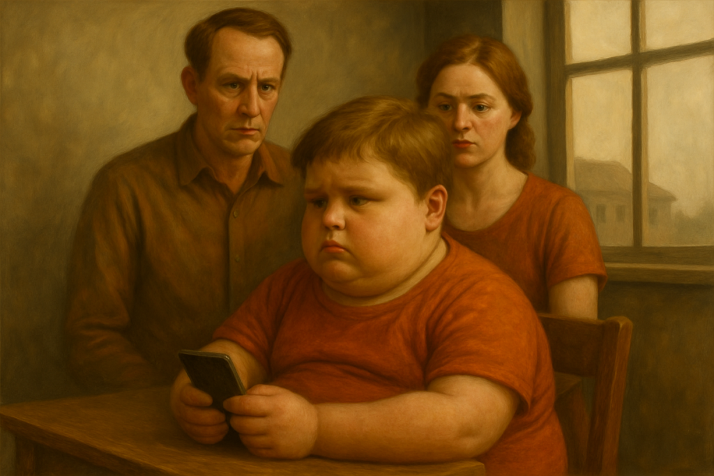 Copilul gras cu telefonul în mână