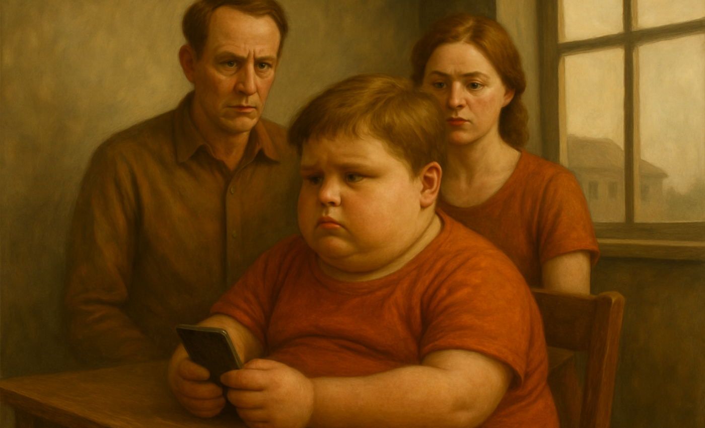 Copilul gras cu telefonul în mână